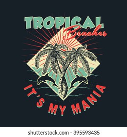 TROPICAL BEACHES. Handmade Palms trees retro style. Design fashion apparel textured print on navy background. T shirt graphic vintage grunge vector illustration badge label logo template. 