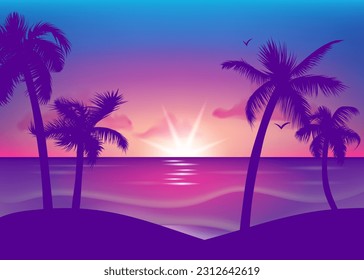 Tropical beachscape vector panorama with palm trees. Vector illustration of a tropical beach scene featuring palm trees silhouettes against an orange and purple gradient sky background sunset