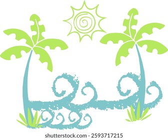 Tropical Beachwear Design – Minimalist Palm Tree  Ocean Waves Illustration