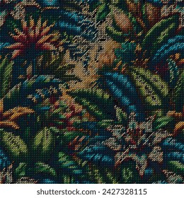 Tropical beautiful exotic flowers halftone dashed lines floral colorful mosaic pattern. Half tone textured tapestry vector background. Modern digital grungy leaves flowers ornament. Grunge texture.