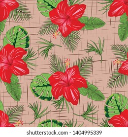 Tropical beautiful flower with leave seamless pattern