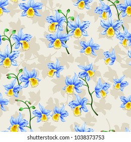 Tropical beautiful flowers pretty pattern. Seamless cute orchids background. Use for textile, dress, wallpaper, home design.