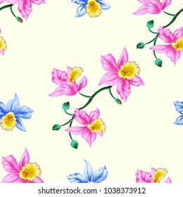Tropical beautiful flowers pretty pattern. Seamless cute orchids background. Use for textile, dress, wallpaper, home design.