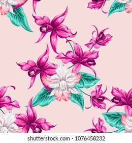 Tropical beautiful flowers pretty pattern. Seamless cute orchids background. Use for textile, dress, wallpaper, home design.