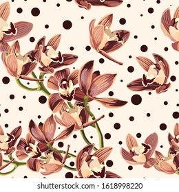 Tropical beautiful flowers pretty pattern. Seamless cute orchids on dots background. Use for textile, dress, wallpaper, home design.