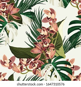 Tropical beautiful flowers pretty pattern. Seamless cute orchids Cymbidium and tropical palm leaves background. Use for textile, dress, wallpaper, home design.