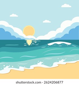 Tropical beautiful landscape of seashore beach and sea with waves on sunny day. Vector illustration in vector cartoon style
