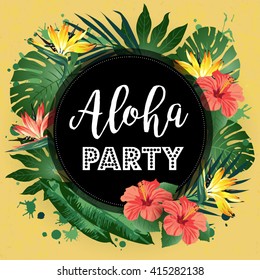 Tropical  beautiful plants flowers and exotic bird frame poster print abstract vector illustration. Hawaiian party. 