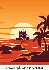 Tropical beautiful sunset, landscape, palm trees, sea, ship, stones, vector, cartoon style.