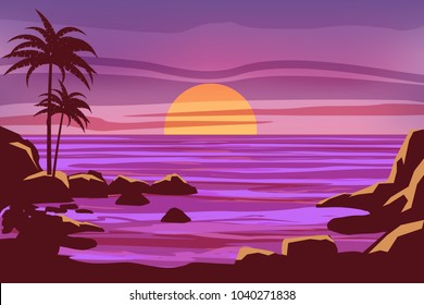 Tropical beautiful sunset, landscape, palms, sea, stones, vector, cartoon style, illustration isolated