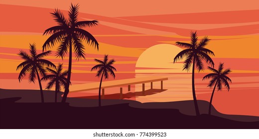 Tropical beautiful sunset, landscape, palms, sea, vector, cartoon style, illustration isolated