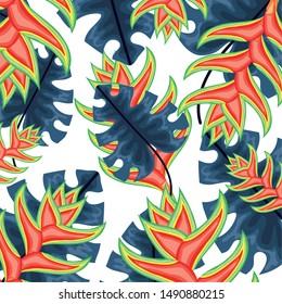 tropical beauty heliconias and leafs exotic plants pattern