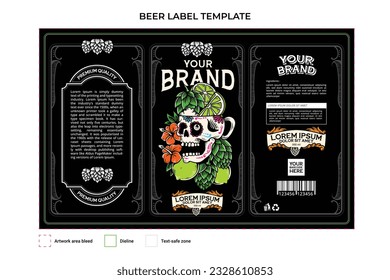 tropical beer label template illustration with mexican skull theme and green hops beer, editable text