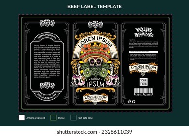 tropical beer label template illustration with mexican skull theme and green hops beer, editable text