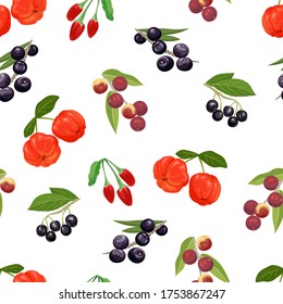 Patrón de bayas tropicales sin costuras. Acerola, maqui berry, acai, goji y hojas verdes aisladas en fondo blanco. Fondo de la comida. Ilustración vectorial en estilo plano de caricatura. 