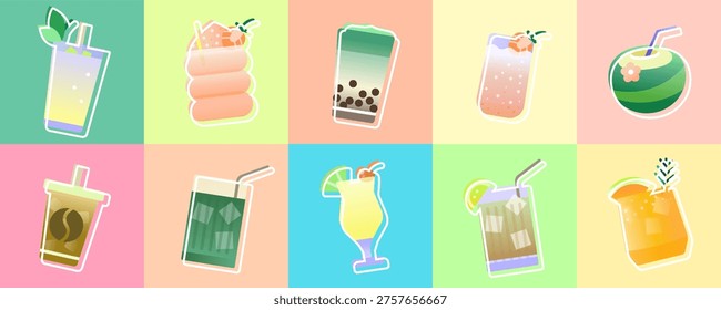 Tropical beverage vector set with colorful cocktails, bubble tea and fresh drinks on pastel backgrounds