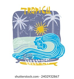 Olas grandes tropicales para el diseño de impresión de verano, amanecer en la gran ola bajo la tabla de surf, palmera dibujada Han con diseño de camiseta gráfica de playa de verano para -vector