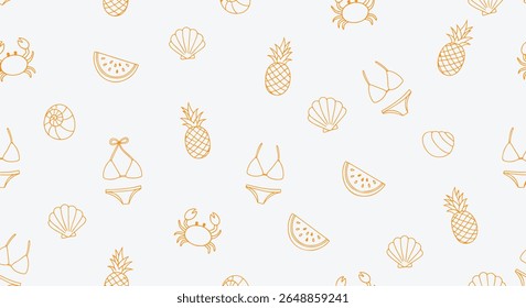Biquíni tropical padrão sem emenda de frutas. Abacaxi, cunha de melancia, caranguejo, concha, bola de praia e ícones de maiô se espalham em linha laranja macia. Tecido de verão divertido ou design de embrulho