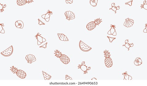 Tropical bikini fruit seamless pattern. Pineapple, watermelon wedge, crab, seashell, beach ball and swimsuit icons scatter in soft orange line. Fun summer fabric or wrapping design
