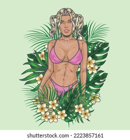 Tropical bikini girl colorful element leaves of exotic plants around lady standing in swimsuit for pool or beach vector illustration