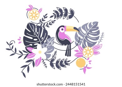 Tropical Bird Amidst Florals, vector illustration. A vivid portrayal of wildlife and nature.