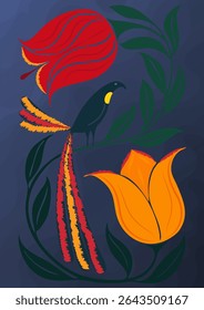 Tropical bird among exotic flowers bright decorative art