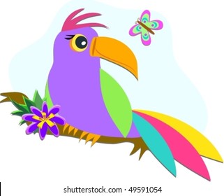 Tropical Bird with Butterfly Vector