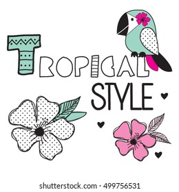 tropical bird cartoon, beautiful print on a T-shirt tropical theme,  design of a tropical bird, T-shirt graphics for kids vector illustration