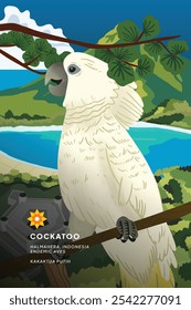 Célula de pájaro tropical sombreado ilustración con hermosos paisajes de Indonesia