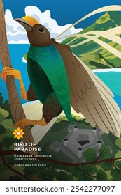 Célula de pájaro tropical sombreado ilustración con hermosos paisajes de Indonesia