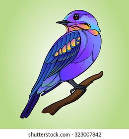 Tropical bird colored in gradient purple on green background. Vector illustration eps10