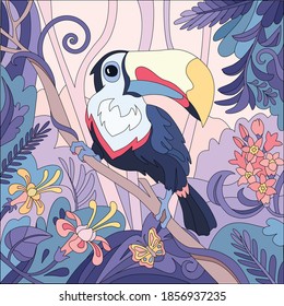 Tropical bird composition with flat coloring image of perching toucan with rainforest plants and exotic flowers vector illustration