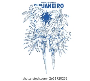 Tropical bird with flower graphic print design. Copacabana beach art. Tropical paradise. Banana tree. Macaw paradise artwork. Summer vibes artwork. 