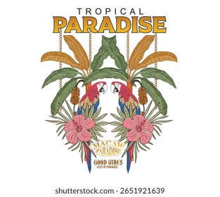 Tropical bird with flower graphic print design. Tropical paradise. Banana tree. Macaw paradise artwork. Tropical vibes t shirt artwork. Summer vibes artwork. Copacabana beach art.
