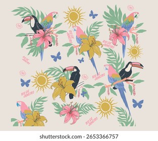 Tropical bird with flower pattern graphic print design. Tropical paradise. Macaw paradise artwork. Tropical vibes t shirt artwork. Summer vibes artwork. Toucan Pattern.