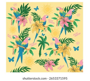 Tropical bird with flower pattern graphic print design. Tropical paradise. Macaw paradise artwork. Tropical vibes t shirt artwork. Summer vibes artwork.
