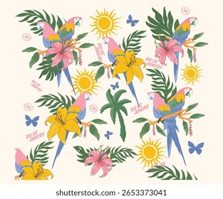 Tropical bird with flower pattern graphic print design. Tropical paradise. Macaw paradise artwork. 