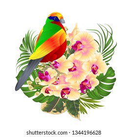 Tropical bird  with tropical flowers  floral arrangement, with beautiful yellow orchid, palm,philodendron and ficus vintage vector illustration  editable hand draw