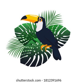 tropical bird with leaves. toucan