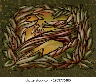 A tropical bird looks at the sunset and sits on a tree in the jungle.