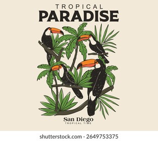 Tropical bird with palm tree graphic print design. Enjoy beach life. Summer vibes artwork. Enjoy summer day. Toucan paradise artwork.