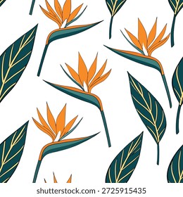 Tropical Bird of Paradise seamless pattern with vibrant colors and exotic elements on white concept as Vibrant tropical Bird of Paradise flowers with exotic elements forming lively seamless pattern perfect for summer textiles in Photo Stock Concept and empty space on the left side,no text --ar 7:2 --tile
