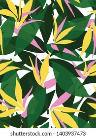 Tropical Bird of Paradise . Yellow and Pink Floral Print Pattern . Summer Print trend . 