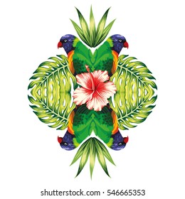 Tropical bird parrot, plants and hibiscus flower in the trendy mirror style on white background vector pattern