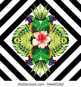 Tropical bird parrot, plants and hibiscus flower in the trendy mirror style on black and white geometric background vector pattern