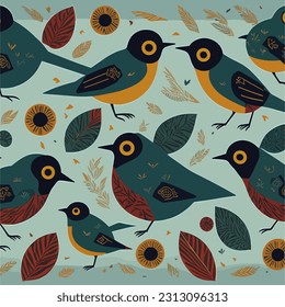 A tropical bird pattern, depicting exotic birds with vibrant plumage amidst lush foliage and tropical fruits.