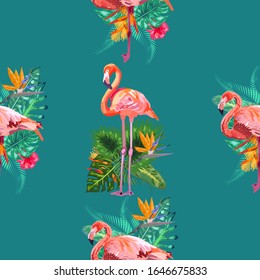 Tropical bird pink flamingo and banana palm leaves in trendy blue style and flowers hibiscus, frangipani, orchid. Seamless pattern