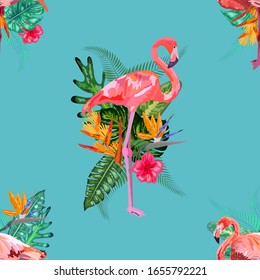 Tropical bird pink flamingo and banana palm leaves in trendy blue style and flowers hibiscus, frangipani, orchid. Seamless pattern