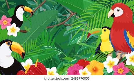 Tropical bird and plant landscape_jungle background illustration_16:9