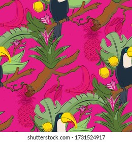 Fondo de patrón sin costuras para aves tropicales. Toucan sentado en una rama. Ilustración vectorial. con frutas y hojas